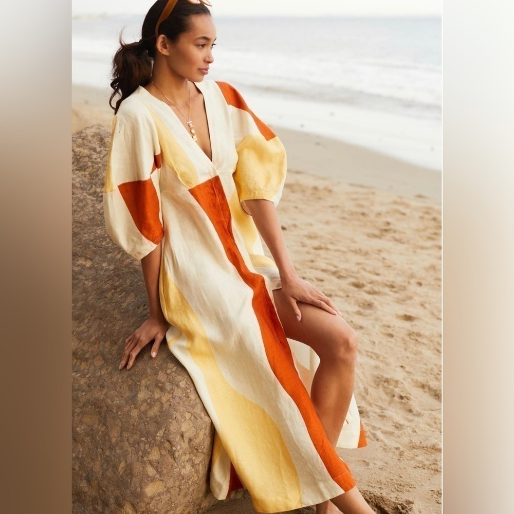 NWT Cala de la Cruz Nane Linen Colorblock Puff Sleeve Midi Dress Tan Yellow M